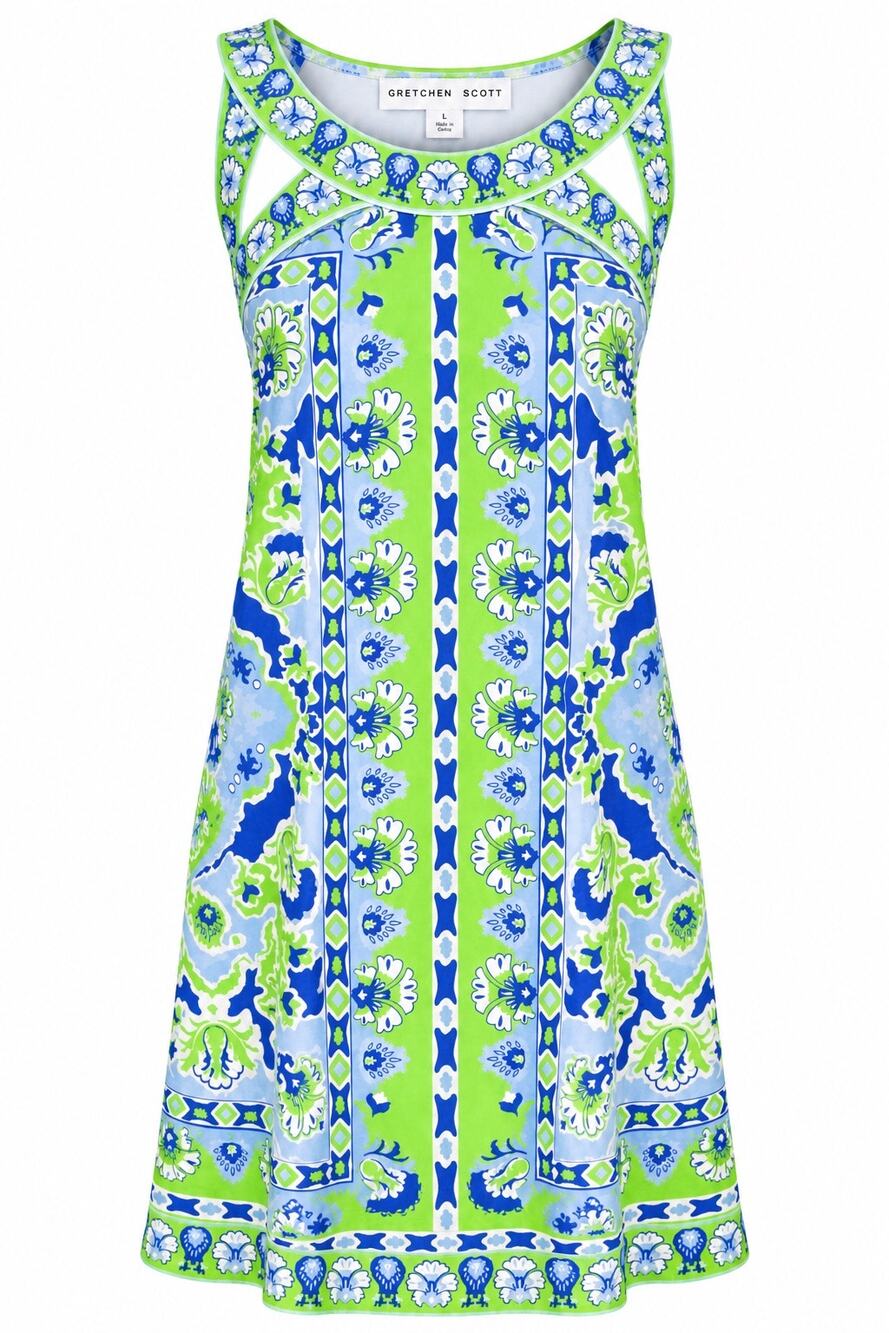 Gretchen Scott Dress Large Blue Green Floral Paisley Sleeveless Shift Resort